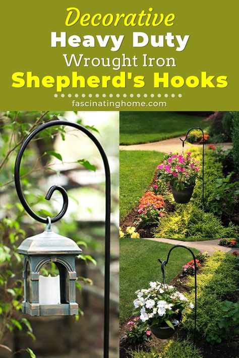 Decorative heavy duty wrought iron shepherds hooks are affordable patio decorations. They come in a variety of styles and can be used in so many different ways for patio and deck decor.  Jazz up your backyard, patio and deck with these 5 popular garden shepherds hooks. Check them out at https://fascinatinghome.com #heavydutydecorativegardenshepherdhooks #shepherdhooksforgarden #decorativeshepherdshook #gardenshepherdhooks #heavydutyshepherdshook #shepherdshook #shepherdhook #gardenhooks Short Shepherd Hook Ideas, Sheppard Hook Ideas, Shepard Hooks Ideas Garden, Shepard Hooks Ideas, Shepherd Hooks Garden Ideas, Diy Shepards Hook, Shepards Hook Ideas Garden, Backyard Patio And Deck, Garden Corner Ideas