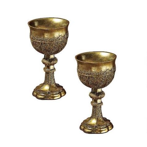 King Arthur's Golden Chalice Gothic Sculpture: Set of Two Golden Chalice, Gothic Sculpture, Tudor Dynasty, Witch Tattoo, Crystal Stemware, Mens Gear, Crushed Stone, Design Toscano, King Arthur