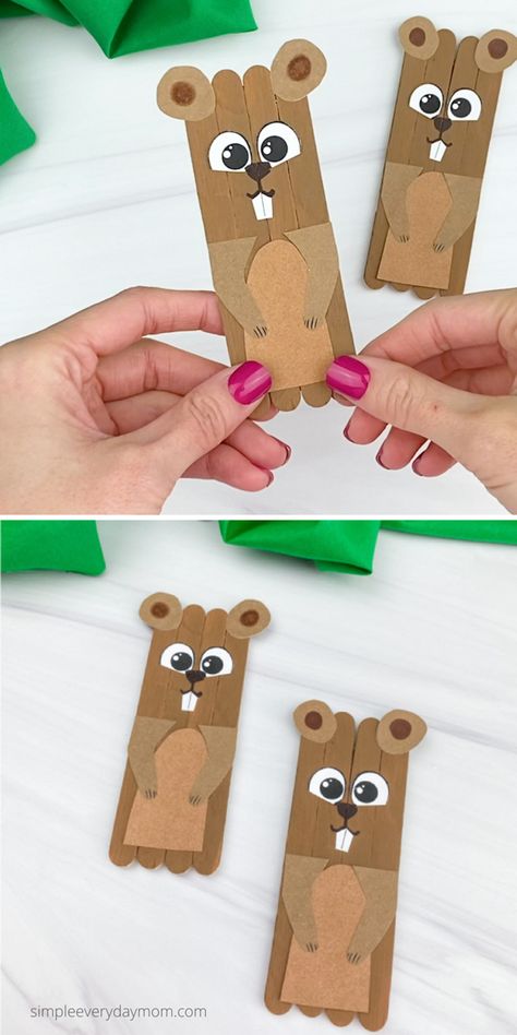 If you need a fun Groundhog Day activity for the kids to make, try out this popsicle stick groundhog craft. Download the free printable template and make it at home or at school! Groundhog Day Activities For Seniors, Ground Hogs Day Activities, Ground Hogs Day Crafts For Kids, Free Groundhog Day Printables, Groundhogs Day Crafts, Pk Activities, Camp Crafts For Kids, Groundhog Day Crafts For Kids, Ground Hog Day Crafts