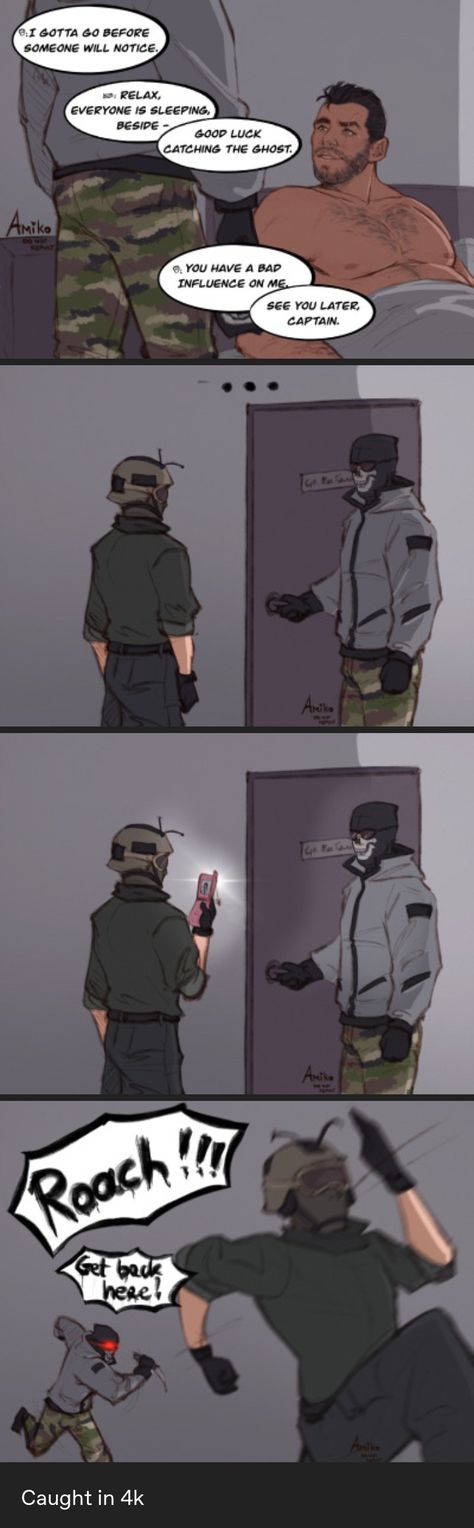 cr: @amikoroyaiart on tumblr Ghost X König X Soap, Task Force 141 Roach, Ghost Roach Cod, König X Soap X Ghost, Roach Cod Mw2 Fanart, Ghost X Soap Cute, Konig X Roach, Ghost And Roach Cod, Ghost X Soap Comic