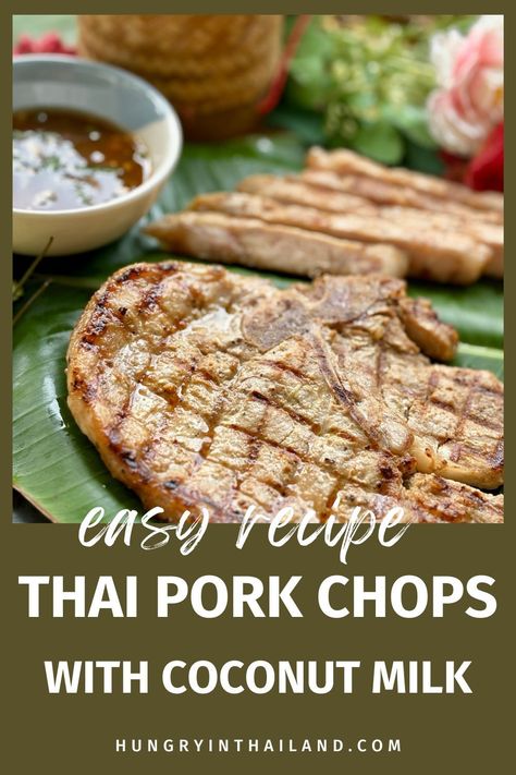 These Thai pork chops are marinated to perfection with coconut milk for an incredibly tender finish. Enjoy with rice and the flavorful dipping sauce included in the recipe, optionally spiced up with chili flakes for that extra kick. Thai Pork Chops, Coconut Pork, Grilled Pork Steaks, Beverages Recipes, Thai Pork, Pork Chop Marinade, Bbq Pork Chops, Pork Sauce, Pork Marinade