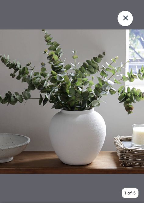 White Vases Decor Ideas, White Vase Decor, Vase Ideas, Faux Eucalyptus, Fake Plants Decor, Green Eucalyptus, Faux Floral Arrangement, Flower Vase Arrangements, Table Setting Decor