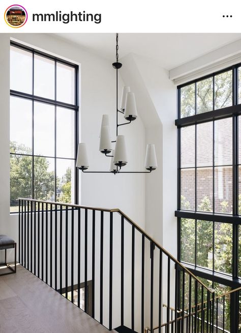 Vertical Chandelier, Hinsdale Illinois, Modern Brick House, Black Staircase, Moody Modern, Kate Marker Interiors, White Oak Floors, Entrance Foyer, Living Room Ceiling