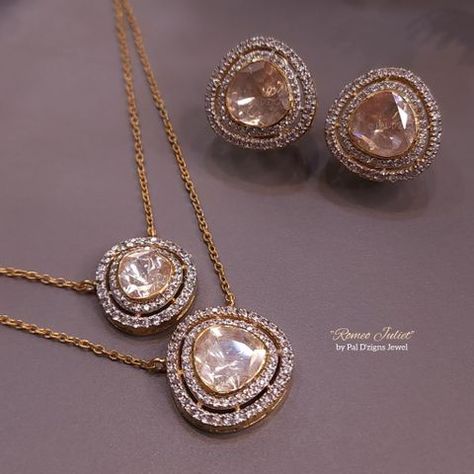 Romeo Juliet Pendant Set in Moissanite Polki Open Setting Polki Jewellery, Polki Pendant Set, Mangalsutra Pendent, Step Chain, Pendent Design, Diamond Polki Jewellery, Polki Pendant, Jewelry Closet, Diamond Tops