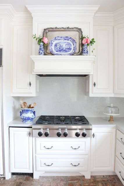 Eleven Gables Home Spring Home Tour, Part 2 | Vent Hood Mantle | Hidden Ice Maker | Pots and Pans Drawers | Blue and White Kitchen Stove Overhead Range Hoods, Kitchen Hood Design, Kitchen Vent Hood, Kitchen Vent, Quirky Kitchen, Kitchen Range Hood, Studio Kitchen, Kitchen Hoods, Vent Hood