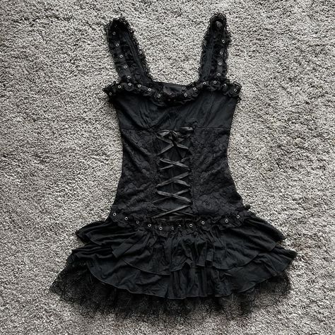 On hold!!! Vintage Queen of Darkness Mini Dress,... - Depop Alt Mini Dress, Goth Mini Dress, Goth Corset Dress, Alt Dresses, Gothic Mini Dress, Gothic Wardrobe, Queen Of Darkness, Corset Lacing, 2000s Clothing