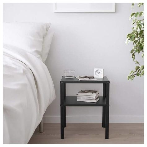 This super lowkey Ikea KNARREVIK bedside table with a second open shelf, so you have a separate space for your bedtime readings and gadgets – ₹1,399 Cama Industrial, Industrial Bed, Små Rum Lidt Plads, Black Bedside, Shelf Nightstand, Black Bedside Table, Modern Bedside Table, Estantes Flotantes, Hemnes