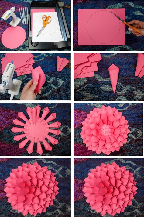 How To Hang Paper Flowers Backdrops, Paper Flowers For Wall Decor, Dahlia Flower Paper Craft, Diy Dalia Flower Paper, How To Make Paper Dahlias, Paper Fan Flowers Diy, Diy Dahlia Paper Flower, How To Make Flowers Out Of Construction Paper, Dahlia Paper Flower Template