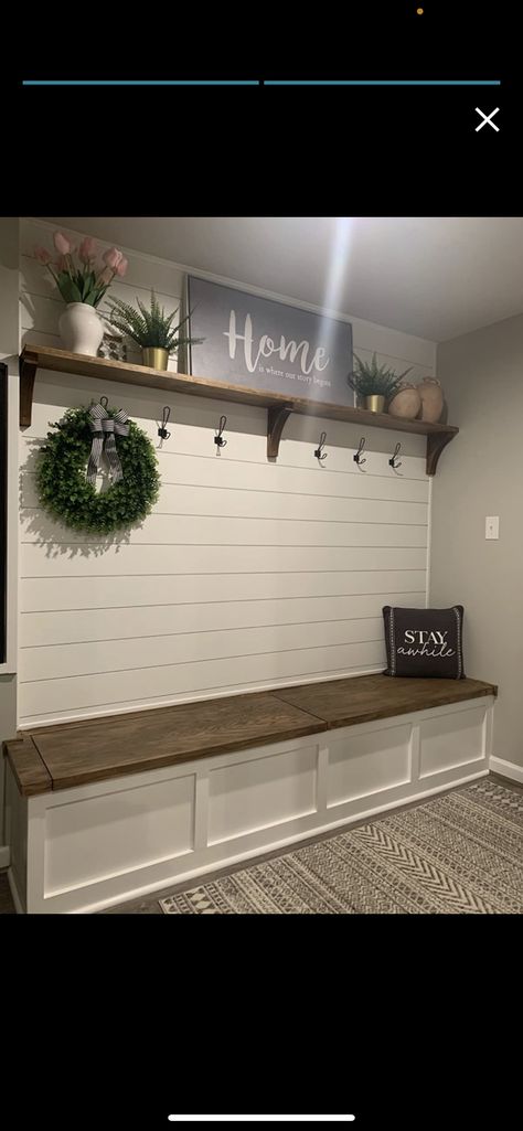 Shiplap Front Entry, Foyer Mudroom Entry Ways, Diy Front Entryway Ideas, Narrow Hallway Tree, Half Shiplap Wall Entryway, Shiplap Entryway With Bench, Shiplap Wall Mudroom, Shiplap Entryway With Hooks, Simple Mudroom Ideas Entryway