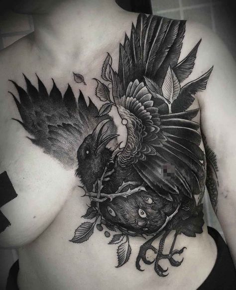 breast tattoo crow Mastectomy Tattoo, Scar Cover Up, Crow Tattoo, Raven Tattoo, Tattoo Magazines, Tattoo Cover, Desenho Tattoo, Feather Tattoos, Up Tattoos