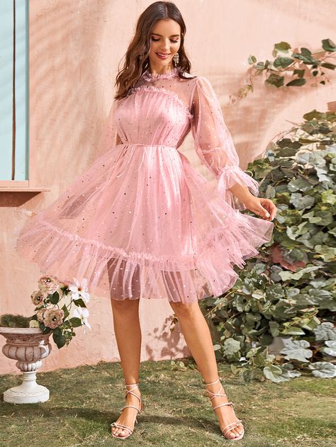 Contrast Galaxy Sequin Ruffle Hem Tulle Dress Short Puffy Dresses, Homecoming Dresses Short Black, Tulle Dress Short, Poofy Dress, Stand Collar Dress, Dresses Shein, Look Rose, Puffy Dresses, Fantasy Dresses