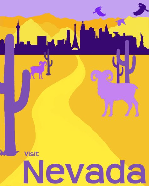 Example of a Complimentary Colour Scheme used in vector art style advertising for the state of Nevada, USA. This relationship creates a high contrast between the colours as they sit nicely against each other & compete for your attention. Complimentary Colour Painting, High Contrast Colour Palette, Complimentary Colors Painting, High Contrast Color Palette, Contrast Examples, Complementary Colors Art Ideas, Complimentary Colour Scheme, Colour Harmonies, Triad Color Scheme