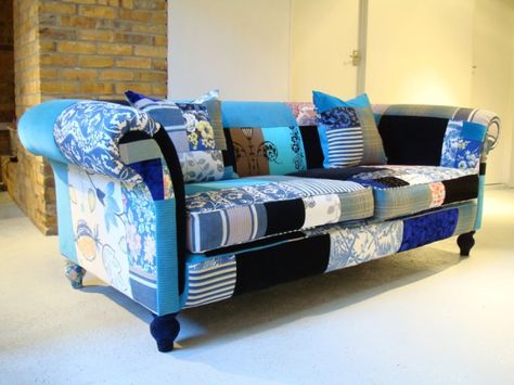 CHESTERFIELD Sofa (variation without buttons) by Lisa Whatmough from SQUINT LIMITED-20 - Design-Fair.com Denim Furniture, Patchwork Upholstery, Patchwork Furniture, Patchwork Sofa, Upholstery Trends, Wood Bedroom, Funky Furniture, Sofa Armchair, Reupholster