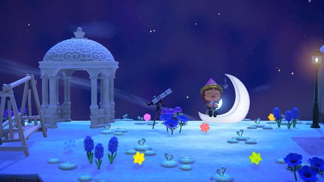 animal crossing ~ island ideas ~ acnh ~ telescope ~ gazebo ~ moon ~ nightcore ~ stars Acnh Telescope Area, Animal Crossing Telescope Area, Acnh Star Gazing Area Ideas, Acnh Gazebo Ideas, Animal Crossing Star Gazing Area, Acnh Stargazing Area, Animal Crossing Island Ideas, Acnh Builds, Ac Ideas