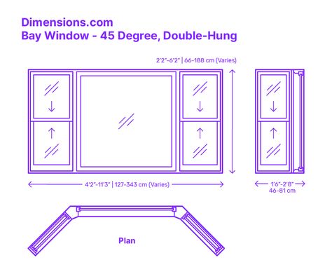 A 45 degree bay double-hung window is a type of window feature that projects outwards from the main wall of a building at a 45-degree angle, consisting of three or more individual windows. This specific type of bay window features double-hung windows, which can slide up and down within the frame for easy opening and closing. Downloads online #baywindow #windows #construction #buildings Standard Window Sizes, Bay Window Design, Bay Bow Windows, 3d Reference, Single Hung Windows, Window Dimensions, Door Plan, Wooden Front Door Design, Bow Window