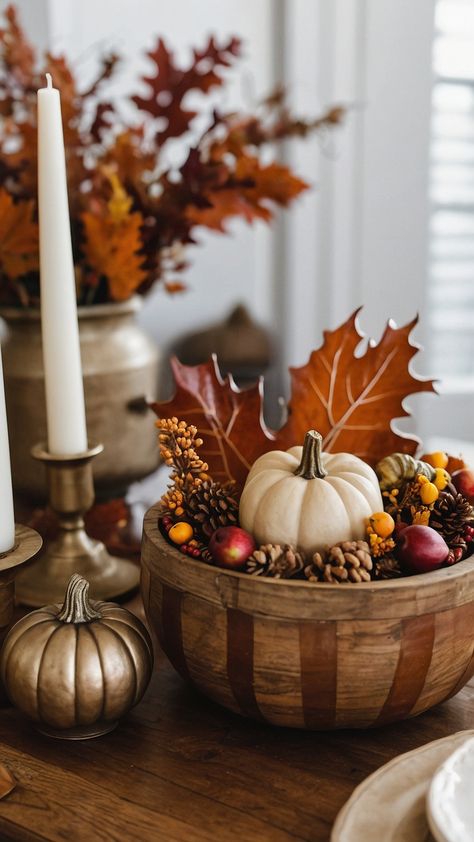 Transform your home into a cozy retreat this fall with these beautiful DIY Thanksgiving decor ideas Discover unique table centerpieces candle centerpieces and front porch decorations perfect for your living room outdoor space farmhouse kitchen porch or modern home Get inspired with stylish projects from Hobby Lobby and elevate your seasonal decor with a touch of creativity and charm Wooden Bowl Fall Decor Ideas, Unique Table Centerpieces, Doughbowl Fall Centerpiece, Fall Leaf Bowl, Diy Thanksgiving Decor, Front Porch Decorations, Thanksgiving Decor Ideas, Kitchen Porch, Candle Table Centerpieces