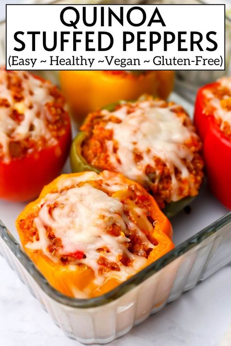 These gluten-free, vegan, quinoa stuffed peppers are loaded with flavor and protein from plant-based sausage and quinoa. This veggie-packed meal is sure to satisfy, plus it's great for everything from dinner parties to meal prep. thehiddenveggies.com Vegan Stuffed Bell Peppers, Vegan Stuffed Peppers, Vegetarian Stuffed Peppers, Quinoa Stuffed Peppers, Vegan Sausage, Vegan Comfort Food, Peppers Recipes, Vegetarian Recipes Easy, Fancy Dinner