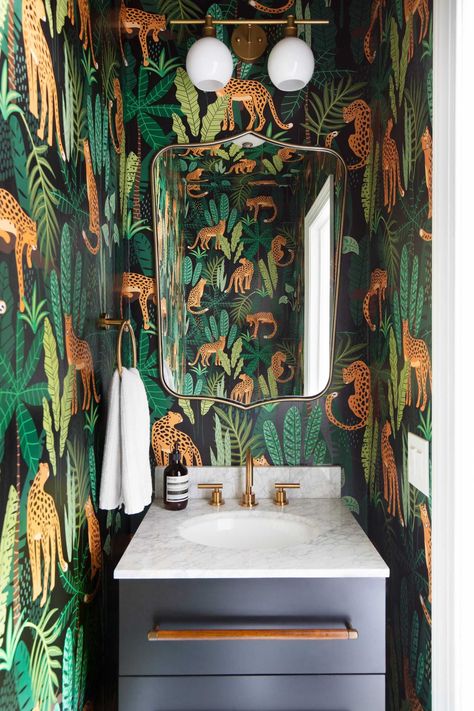 A Joyful, Eclectic Home in Hoboken, NJ | Rue Wallpaper Powder Room, Bold Bedroom, San Myshuno, Wallpaper Bathroom, Tiger Wallpaper, Dining Room Wallpaper, Animal Print Wallpaper, Wallpaper Trends, Black And White Wallpaper