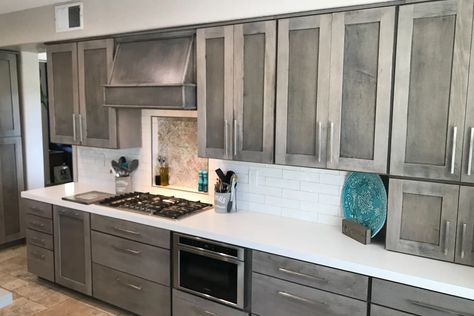 Gray Stained Kitchen Cabinets, Grey Stained Kitchen Cabinets, Grey Stained Cabinets, Farmhouse Modern Kitchen, Gray Stained Cabinets, White Cabinets Black Appliances, Stained Wood Cabinets, Framed Cabinets, Stained Cabinets