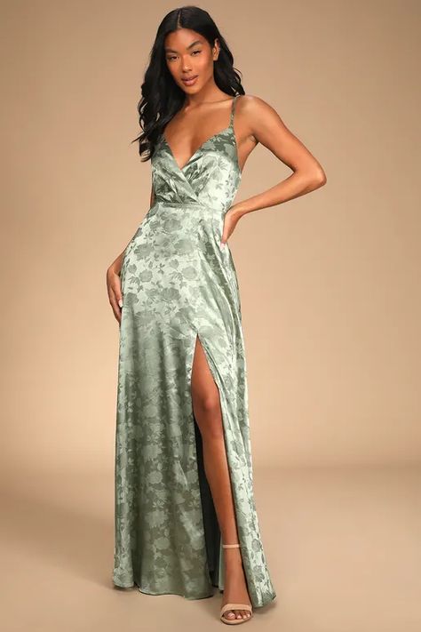 Sage Green Engagement Dress, Lulus Formal Dresses, Sage Green Dress Formal Veaul, Fern Green Dresses, Sage Green Floor Length Dress, Green Floral Dress Bridesmaid, Satin Sage Bridesmaid Dress, Floral Sage Green Dress, Green Patterned Dress