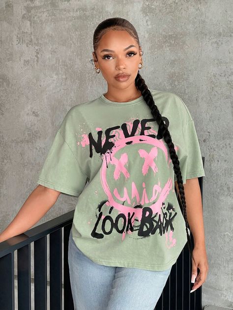 Mint Green Casual Collar Half Sleeve Knitted Fabric Cartoon,Slogan  Embellished Slight Stretch Summer Women Clothing Clothes Board, Old Outfits, Drop Shoulder Tee, Aesthetic T Shirts, Never Look Back, Summer Fashion Dresses, Clothes Women, Pretty Hair, Women T Shirts