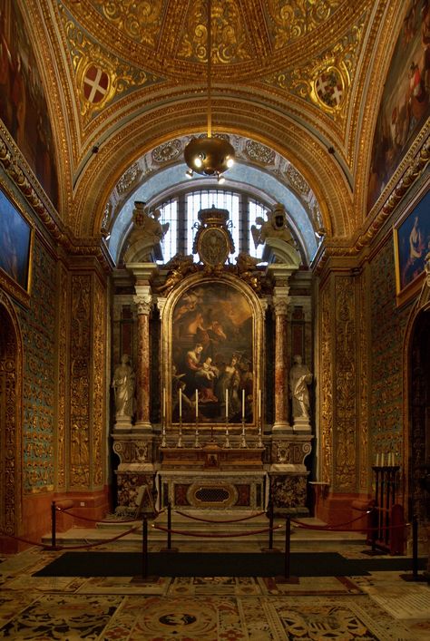 Saint John’s cathedral,  Valletta, Malta.  The Italian Chapel, dedicated to Saint Catherine of Alexandria.  The chapel represents a fine example of Baroque harmony where architecture, paintings and sculpture blend together. Italian Chapel, Architecture Paintings, Saint Catherine Of Alexandria, Catherine Of Alexandria, Saint Catherine, Valletta Malta, Baroque Architecture, St Catherine, Saint John