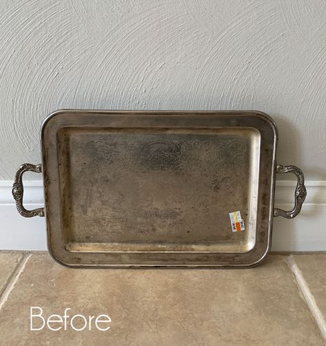 Old Silver Trays Ideas, What To Do With Silver Plated Trays, Repurposed Silver Trays, Painting Silver Plated Items Diy, Painting Silver Trays, Silver Tray Makeover, Silver Tray Repurpose, Metal Tray Makeover, Metal Tray Decor Ideas