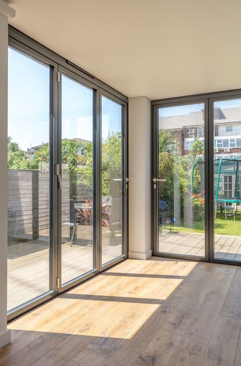 Corner Glazing, Bifold Doors Extension, Corner Bifold Doors, Horizontal Sliding Windows, Patio Gardens, Flat Roof Extension, Sliding Doors Exterior, Patio Remodel, Corner Door