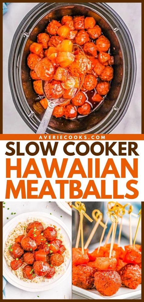 Crockpot Hawaiian Meatballs — The EASIEST slow cooker meatball recipe that’s sure to be a hit at parties and events! Or turn this into a no-fuss weeknight meal and serve these pineapple-infused Hawaiian meatballs over rice! Made with only 6 ingredients so you can just set your slow cooker and let it do all the work! Hawaiian Meatballs Crockpot, Pineapple Crockpot, Crockpot Hawaiian Meatballs, Slow Cooker Grape Jelly Meatballs, Meatballs Over Rice, Slow Cooker Hawaiian Meatballs, Easy Slow Cooker Meatballs, Meatballs Crockpot, Hawaiian Meatballs