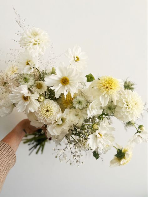 A white & fluffy modern bouquet filled with summer and fall blooms of dahlia, cosmos and lisianthus Wedding Bouquet With Baby Breath, Cosmos Wedding Bouquet, Dahlias Bouquet, Cosmos Bouquet, Yellow Gerbera Daisy, Dahlia Bridal Bouquet, Zinnia Bouquet, Dahlia Wedding Bouquets, White Cosmos