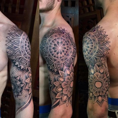 Mandala Tattoo Design Half Sleeve, Tattoo Ideas For Men Mandala, Mandela Shoulder Tattoo Men, Mandala Half Sleeve Tattoo Men, Mandala Arm Tattoo Men, Mandala Shoulder Tattoo Men, Geometric Tattoo Men Sleeve, Geometric Shoulder Tattoo Men, Mandala Tattoo Sleeve For Men