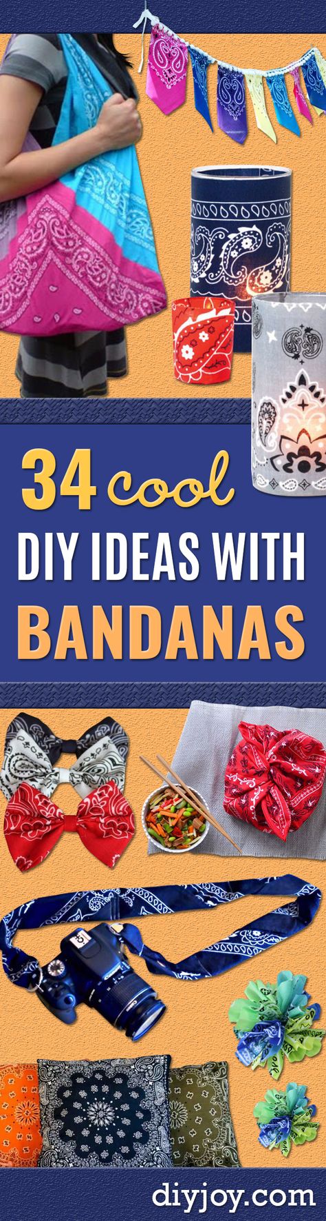 DIY Ideas With Bandanas - Bandana Crafts and Decor Projects Made With A Bandana - No Sew Ideas, Bags, Bracelets, Hats, Halter Tops, Blankets and Quilts, Headbands, Simple Craft Project Tutorials for Kids and Teens - Home Decoration and Country Themed Crafts To Make and Sell On Etsy http://diyjoy.com/diy-ideas-bandanas No Sew Bandana Bag, Bandana Necklace Diy, Bandana Projects, No Sew Ideas, Bandana Skirt, Sewing Blankets, Bandana Wreath, Bandana Crafts, Bandanas Diy