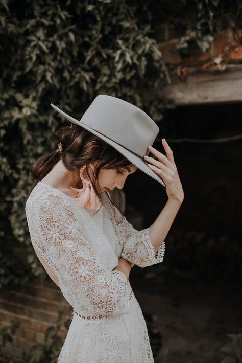 Bridal hats are all the rage, from fedoras to cowboy hats, brides are breaking free from the traditional veil.  #bridehat #bridaheadpiece #bridalfedora #bridalcowboyhat #felthatforbrides #bridesheadwear Tadashi Shoji Wedding Dress, Bridal Hats, Dreamy Gowns, Hat Flower, Lola Rose, Bride Hat, Bridal Hat, Whimsical Wonderland Weddings, Bridal Dress Design