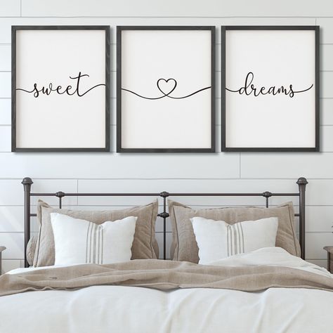 PRICES MAY VARY. EASY TO INSTALL: The Sweet Dreams sign over bed wall decor for bedroom over bed wall decor is a lightweight piece making it easy as pie to hang! You will love the simplicity of how easy it was to go from taking out the box and hanging it on the wall. Screws are included in the package too. Or just simply sit it on your nightstand. GREAT NEUTRAL ADDITION TO BEDROOM DECOR: “Sweet Dreams” each part of the phrase is separated, as it gives a unique look. Modern farmhouse style combin Signs For Couples Wall Art, Above The Bed Farmhouse Signs, Signs Over Bed Master Bedrooms Rustic, Above The Bed Guest Room, Bedroom Sayings Wall Art Farmhouse, Wedding Photo Above Bed Master Bedrooms, Sign Over Guest Bed, Cute Sign For Above Bed, Bedroom Photo Frames Above Bed