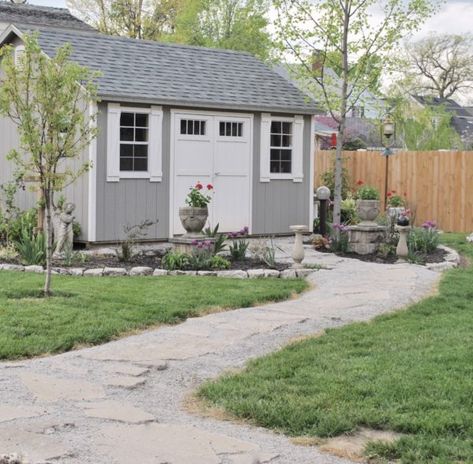 Backyard Reveal - Deb and Danelle Vegetable And Flower Garden, Backyard Workshop, Flagstone Pavers, Pathway Ideas, Recycled Concrete, Storage Shed Kits, Yard Area, Steel Siding, Old Kitchen Cabinets