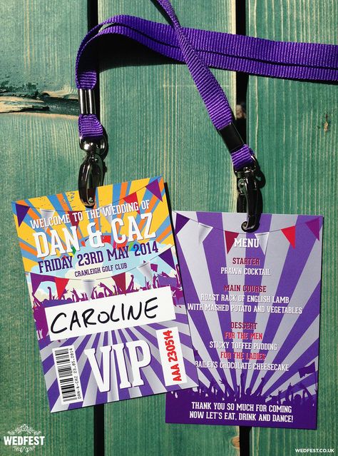 festival wedding vip lanyard menu - http://www.wedfest.co/vip-lanyard-pass-place-names-and-wedding-menus/ Festival Lanyard, Vip Lanyard, Vip Pass Invitation, Finals Quote, Conference Branding, Festival Themed Wedding, Poster Idea, Bridesmaid Duties, Neck Lanyard