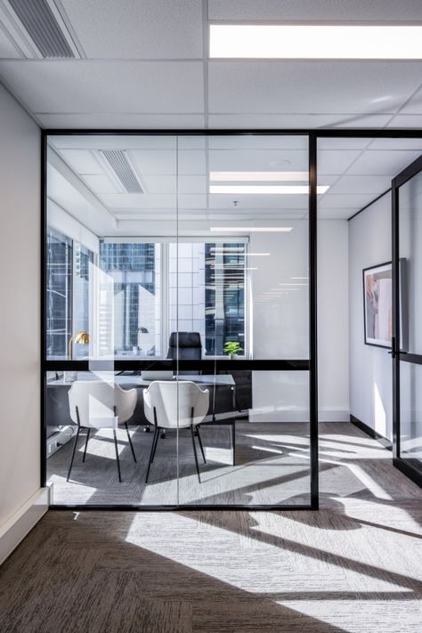 Confidential Client Offices - Brisbane | Office Snapshots Commercial Interiors Office, Timber Wall Panels, Glass Cabin, Office Interior Design Modern, Timber Walls, Office Fit Out, Glass Office, Glass Partition, Office Snapshots