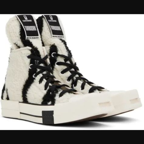 High-Top Fleece Sneakers In White. Stripes Printed In Black Throughout. Brand New W/Box Included Square Rubber Cap Toe Lace-Up Closure Leather Logo Patch At Inner Side Eyelets At Inner Side Faux-Suede Lining Rubber Midsole With Logo Patch At Heel Treaded Rubber Outsole Sz 9.5 Mens/11.5 Womens Part Of The Rick Owens Drkshdw X Converse Collaboration. Upper: Textile. Sole: Rubber. Converse Drkshdw, Rick Owens Dark Shadow, Rick Owens X Converse, Black White Converse, Rick Owens Shoes, Rick Owens Sneakers, Black And White Converse, The Rick, Lace Shoes