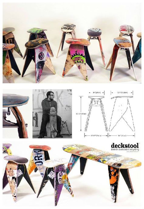 Stools made from old broken skateboards ! I want one ! ;) From Deckstool: Broken skateboards are an unfortunate side effect … Skateboard Room, Skateboard Furniture, Skateboard Decor, Recycled Skateboards, Skate Art, Skateboard Design, Skate Decks, Longboards, Skateboard Art