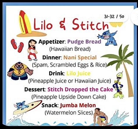 Stitch Day 626 Food, 626 Day Stitch Ideas, Lion King Movie Night Dinner, Stitch Dinner And A Movie, Lilo And Stitch Food Recipes, Lilo And Stitch Movie Night Food, Lilo And Stitch Dinner And A Movie, Disney Food Movie Night, Disney Movie Snacks