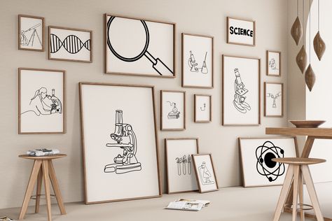 Science Gallery Set 15 Drawing, Chemistry Office Decoration, Minimalist Line Art Print, Microscope Poster, Laboratory Digital File Biology Science Boys Room, Biology Classroom Decorations, Drawing Chemistry, Microscope Poster, Science Bedroom Decor, Science Bedroom, Biology Poster, Science Gallery, Space Lab