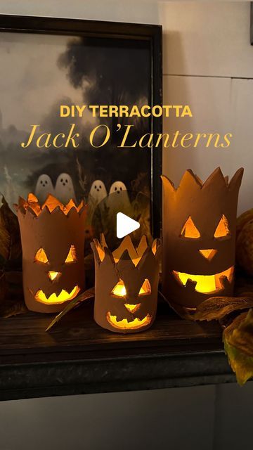 Kassie / Georgia Girl on Instagram: "DIY TERRACOTTA JACK O’LANTERNS  I have seen several versions of these terracotta tea light Jack o’lanterns online but they are a little pricey so I decided to try my hand at making them myself using air dry clay. This was such a fun little project and you really can’t mess them up. All you need is some air dry clay, something cylindrical to wrap the clay around (I used $1 candles from Dollar General) and some terracotta spray paint. These were so fun to make and tuned out even cuter than I imagined.   Would you make these?   #halloween #halloweendiy #diycrafts #jackolanterns #airdryclayideas #funcrafts #easydiy #spookyseason #halloweendecor #diyhalloween #diyhalloweendecorations #halloweencountdown #falldecor #airdryclay" Air Dry Clay Lantern, Air Dry Clay Halloween, Clay Lantern, Fall Diys, Clay Halloween, Creepy Halloween Makeup, Jack O Lanterns, Halloween Countdown, Clay Houses