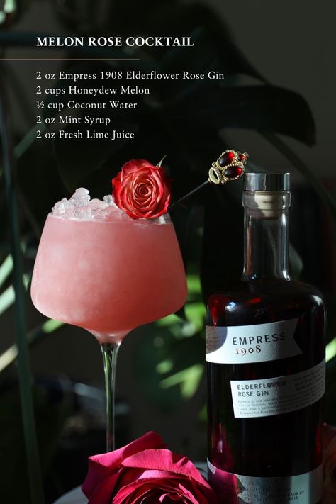 Empress Elderflower Rose sings alongside honeydew sweetness, cooling mint, and refreshing coconut in @hannahlin’s latest creation 🌹 To mix up the delicious Melon Rose Cocktail at home, add melon, coconut water, mint syrup, and lime juice to a blender and blend for 45 seconds. Fine strain out the solids. Fill a goblet with pebble ice and add 6 oz of the honeydew mixture to your glass. Pour Empress 1908 Elderflower Rose Gin over top and stir. Top with more ice, garnish with a rose petal & enjoy! Honeydew Cocktail, Pebble Ice, Mint Syrup, Rose Drink, Drink Syrups, Summer Drinks Alcohol, Rose Cocktail, Cocktail And Mocktail, Liquor Drinks