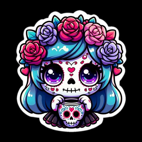 kawaii catrina on Threadless Stickers Halloween, The Day Of The Dead, Traditional Mexican, Mushroom Art, Vintage Typography, Halloween Cakes, Halloween Stickers, Vintage Western, Floral Illustrations