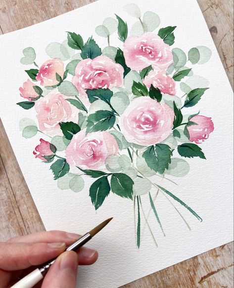 Watercolour Valentine Cards For Him, Rose Day Drawings, Bouquet Of Roses Painting, Watercolor Rose Bouquet, Watercolor Bouquet Tutorial, Rose Bush Watercolor, Valentine’s Day Watercolor Painting, Watercolor Floral Bouquet, Watercolour Roses Easy