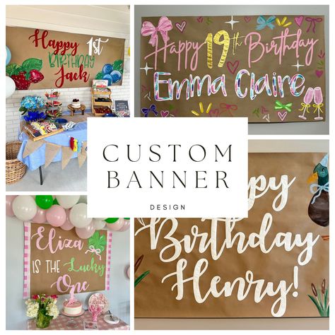 Handpainted Party Banner- wording with basic graphics for any theme Highly Detailed Custom Artwork may be subject to a personalized private custom listing. Please contact me with questions about designs.  Standard Size Options : 3 feet tall by 4-8 feet long (depending on option chosen).        By request- 2 feet tall by 4-8 feet long (depending on option chosen These are painted on high quality banner paper.  Color availability- standard brown paper, white by request  Please include the followin