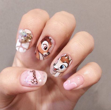 Bambi Nails, Disney Manicure, Disney Nail Art, Cute Easy Nail Designs, Animal Nail Designs, Disney Nail Designs, Disney Nail, Unghie Nail Art, Cute Simple Nails