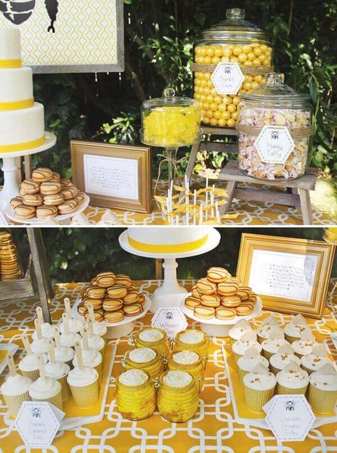 Boys Bumble Bee Birthday Party Dessert Table Ideas Bumble Bee Party, Bee Themed Birthday Party, Baby Bumble Bee, Diaper Party, Bumble Bee Birthday, Dessert Table Birthday, Bee Theme Party, Bee Birthday Party, Wild Party