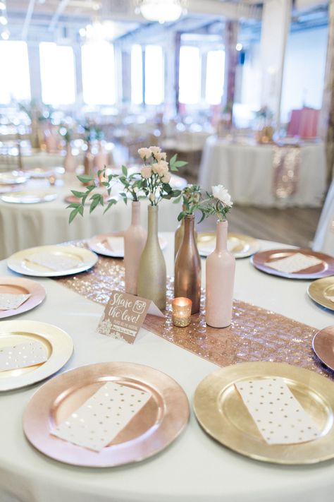 Simple Rose Gold Centerpieces, Rose Gold Wine Bottle Centerpieces, Rose Gold Centrepiece, Pink And Gold Table Centerpieces, Rose Gold Table Decor Birthday, Rose Gold And Silver Centerpieces, Bridal Shower Wine Bottle Centerpieces, Black Rose Gold Centerpieces, Rose Gold And Black Centerpiece Birthday