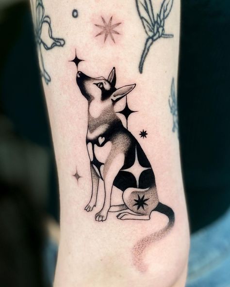 Heather (@spirit.of.salt) • Instagram photos and videos Black And Grey Dog Tattoo, Dog Mermaid Tattoo, Edgy Dog Tattoo, Goldendoodle Ear Tattoo, Creative Pet Tattoos, Curled Up Dog Tattoo, Illustrative Dog Tattoo, Gothic Dog Tattoo, Dog Grooming Tattoo Ideas